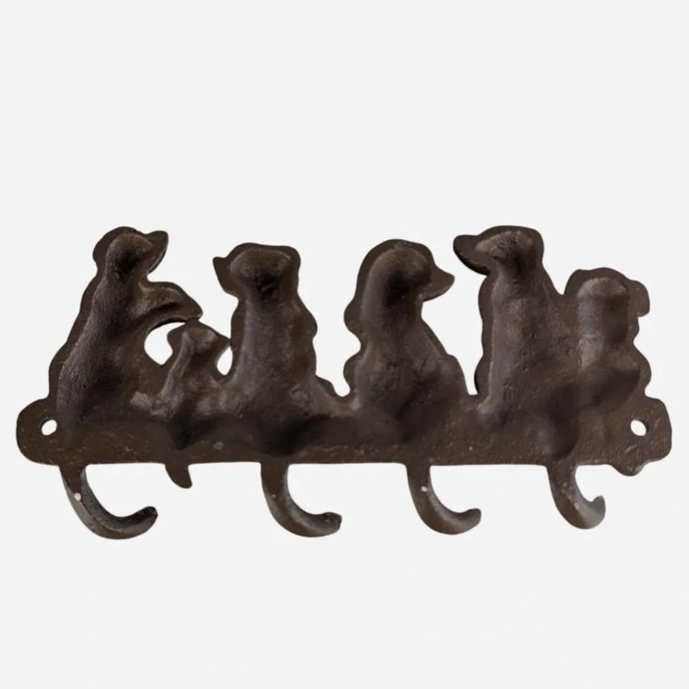 Antique Cast Iron Sitting Dogs 4-Hook Wall Rack 8